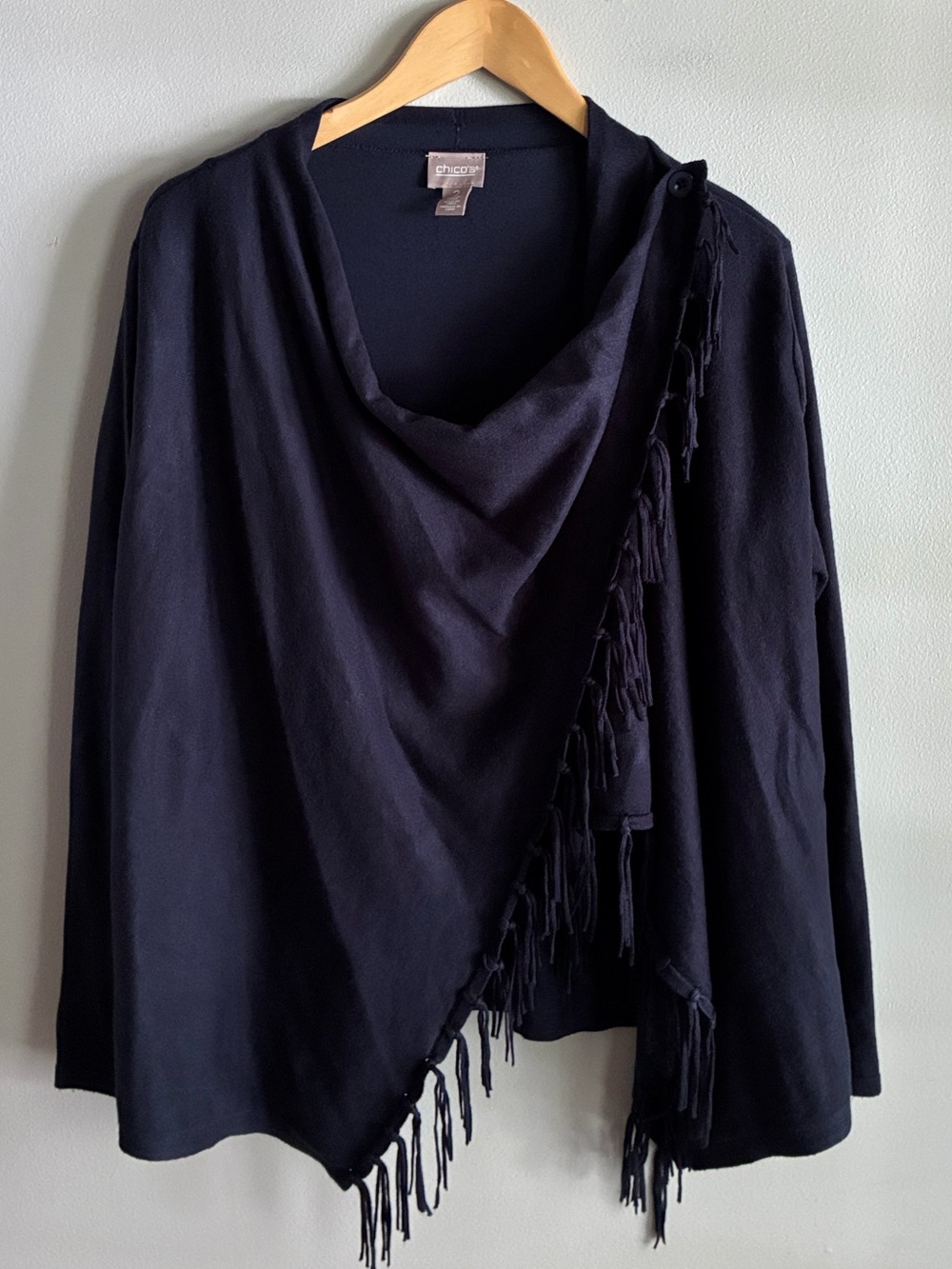 Chico’s Size L Navy Blue Fringe Draped Cardigan Sweater Asymmetrical Boho